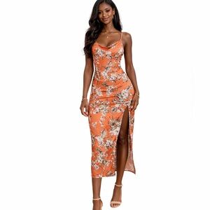 TSHE Orange Floral Slip Dress Size Small . Midi Cami Dress Side Slit Tropical
